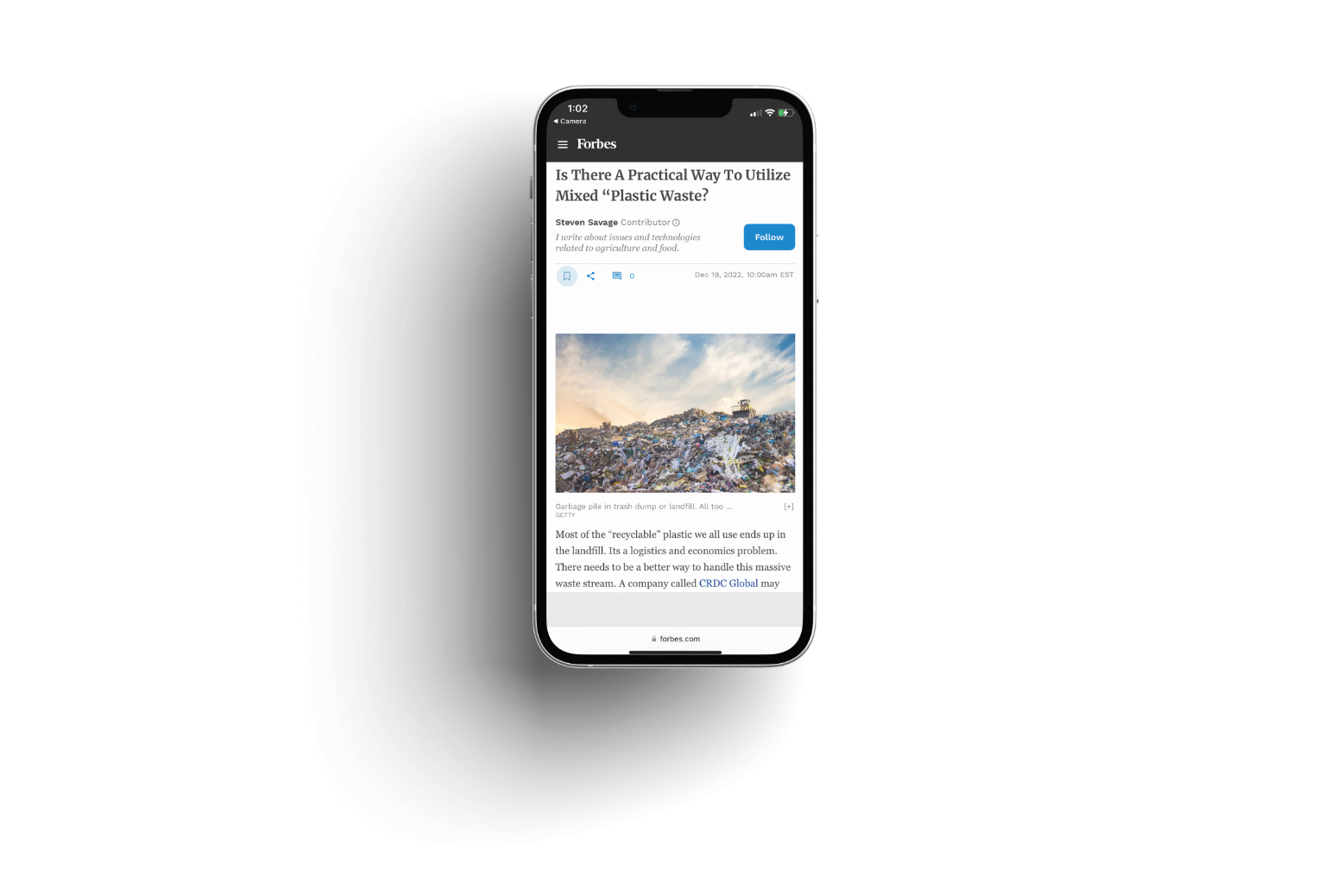 Phone mockup of Forbes article about safe repurposing of plastic waste.